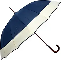 Guarda Chuva Grande Azul com Bege Cabo de Madeira Curvo