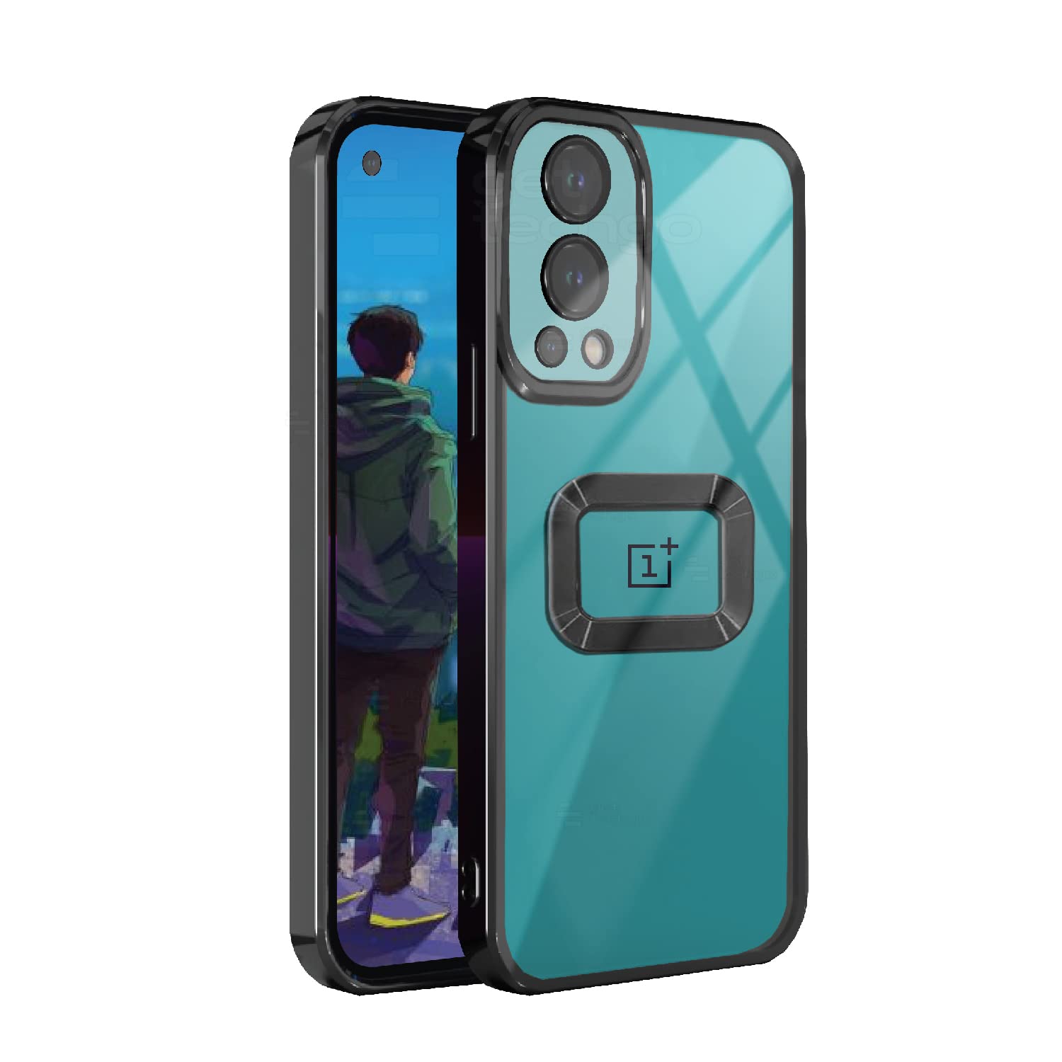 GetTechGo® Electroplated Logo View Back Case Cover Compatible for OnePlus Nord 2 | Slim Shockproof | Super Soft TPU | Raised Edges | Anti-Shock | Anti-Yellow (Black)