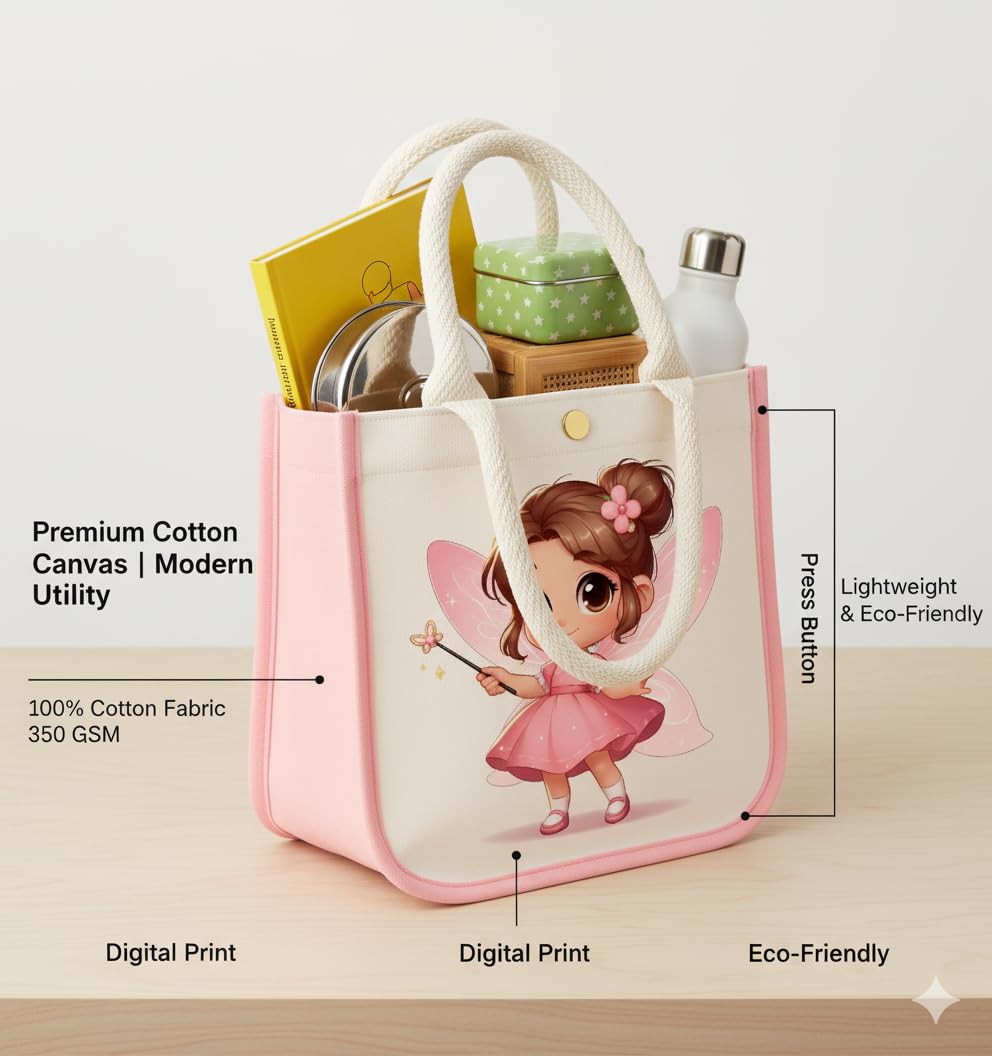 HOBBY INDIA Kids Lunch Bag | Cute & Stylish Mini Tiffin Bag for Boys & Girls | Cute Cotton Cartoon Design I Perfect For Picnic Tuition School, Preschool & Playschool (Fairy) 2