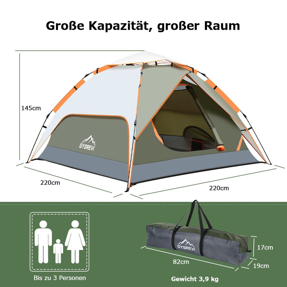 Camping Zelt Automatisches 3 Personen Instant Zelt Pop Up Zelt | 4 Jahreszeiten Winddicht Wasserdicht Kuppelzelt mit 2 Mesh-Tür, 2 Mesh-Fenster, 2 in 1 Doppelschichten, Tasche für Familie