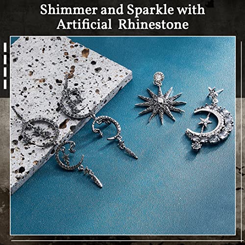 2 Pairs Moon And Star Drop Earrings Moon And Sun Earring Rhinestone Punk Earrings Asymmetric Vintage Gothic Earrings Long Drop Dangle Stud For Women Girls, Black #TOP2