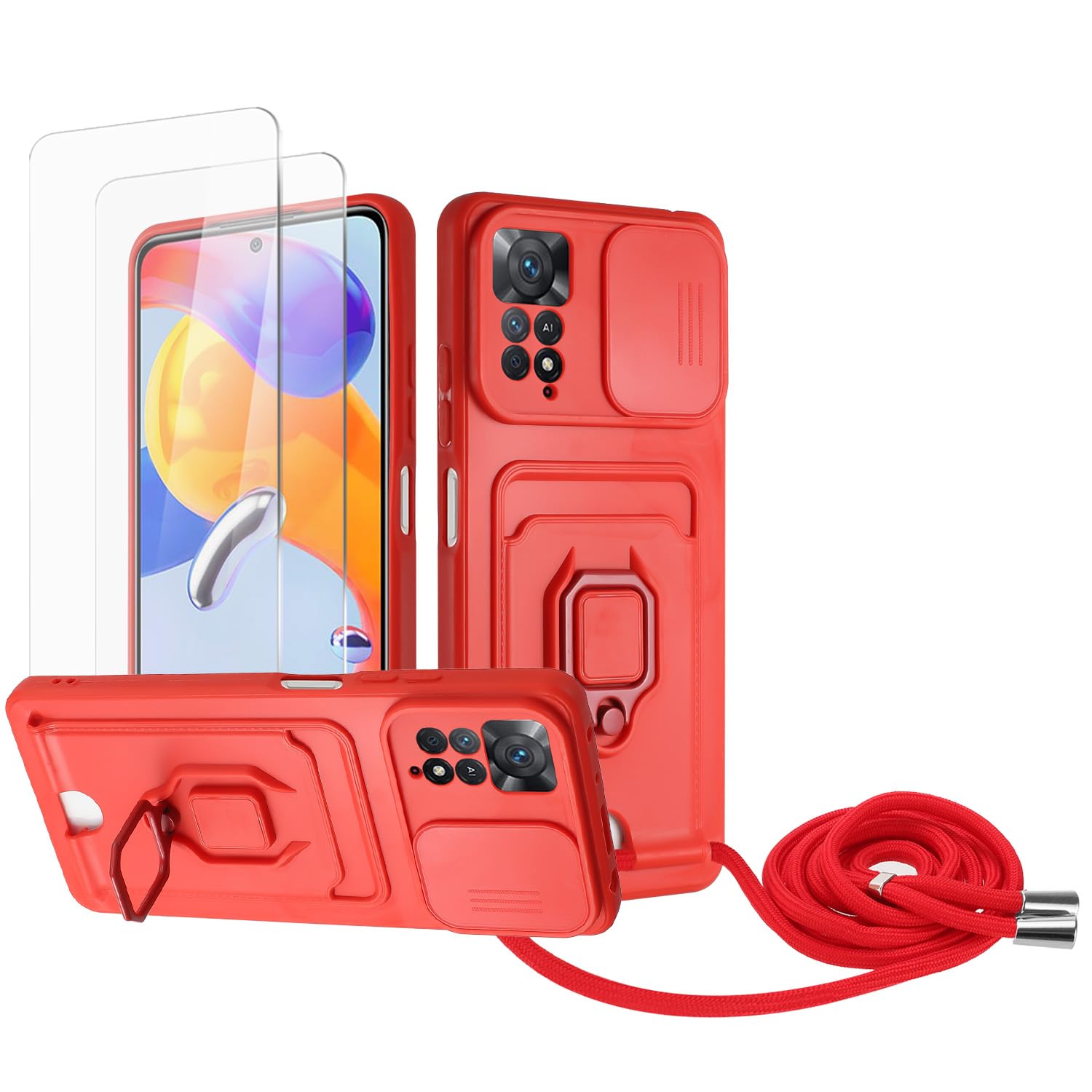 Zallagre Funda con Cuerda Compatible con Redmi Note 13 Pro 5G,[2 Packs Cristal Templado],Ranura para Tarjetas,Cubierta de Cámara Deslizante Proteger,360 Anillo Soporte-Morado — view 30
