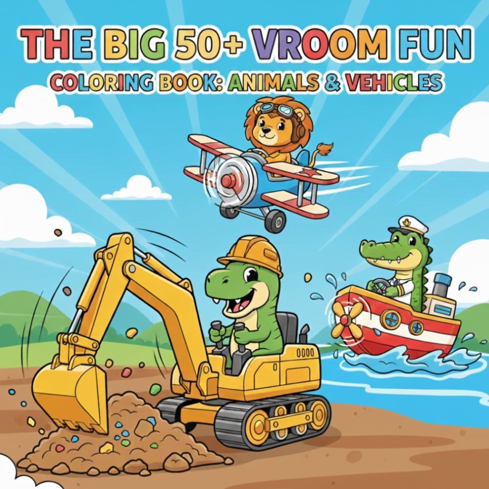 THE BIG 50+ VROOM FUN: COLORING BOOK: ANIMALS & VEHICLES (JIRIRITA's Coloring Books)