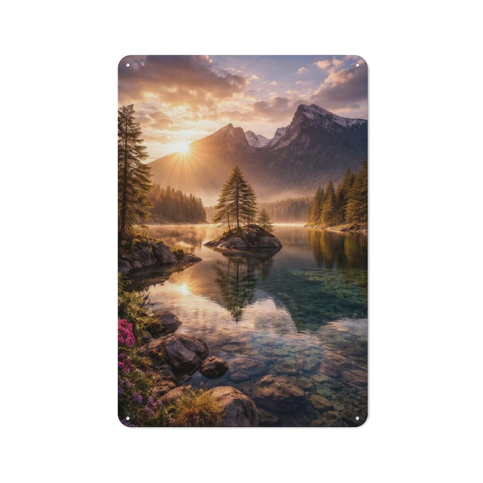Junmoney Style-2 Serene Mountain Lake Sunrise Warehouse Style Metal Wall Decor 30X20cm, Tin Wall Sign For Modern Home, Workshop, Office Or Cafe