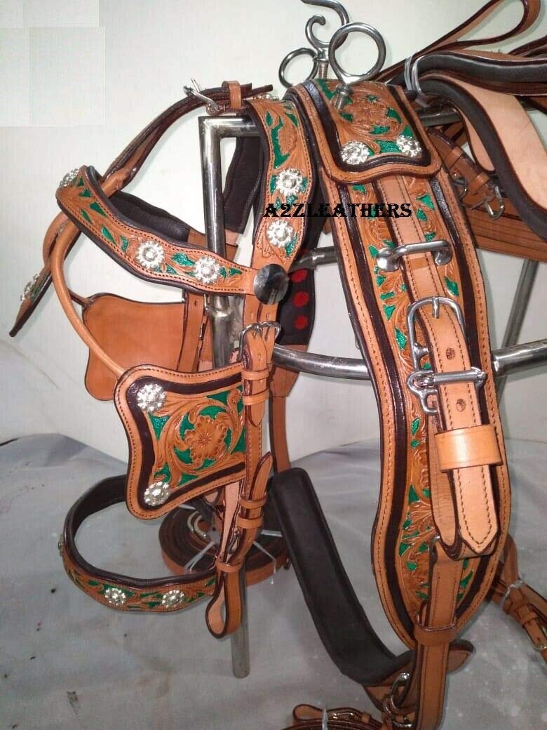 Universo ecuestre elegante 3 tono color natural/verde/marrón cuero conducción arnés para carro de caballo único (completo)