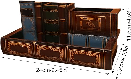 Miniatura 6 de Diseño de libros antiguos de biblioteca soporte para bolígrafos para escritorio, organizador decorativo con cajón de almacenamiento inferior,