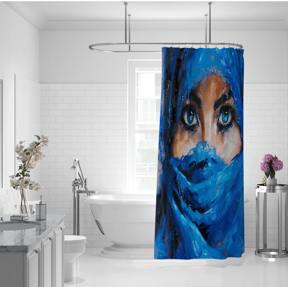 Mystische Frauenfigur Duschvorhang mit ausdrucksstarker Augenkunst Wasserdichter Polyester-Badevorhang für künstlerisches Badezimmer Maschinenwaschbares Blau 200 x 240 cm