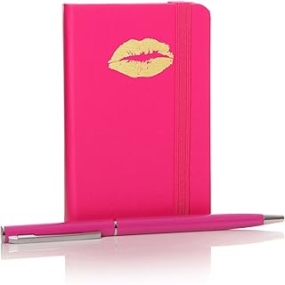 Girl Talk Glamorous color fucsia color rosa bolso de mano bolsillo cuaderno con bolígrafo Set de regalo – oro labios beso