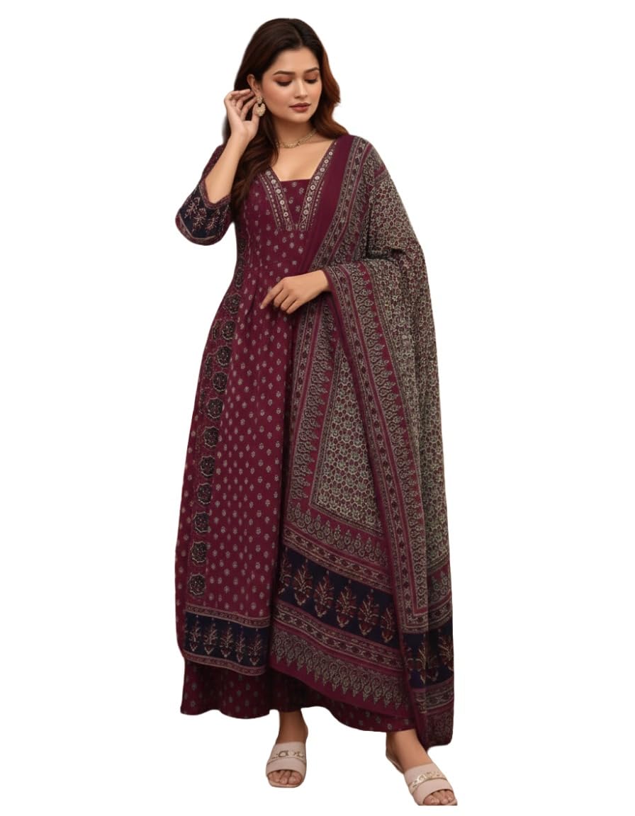 ANNI Designer Ensemble Kurta Anarkali pour femme en pur coton avec dupatta et plazzo – Ensemble de costume imprimé à la main | Robe élégante | Ensemble Kurta en coton pour femme