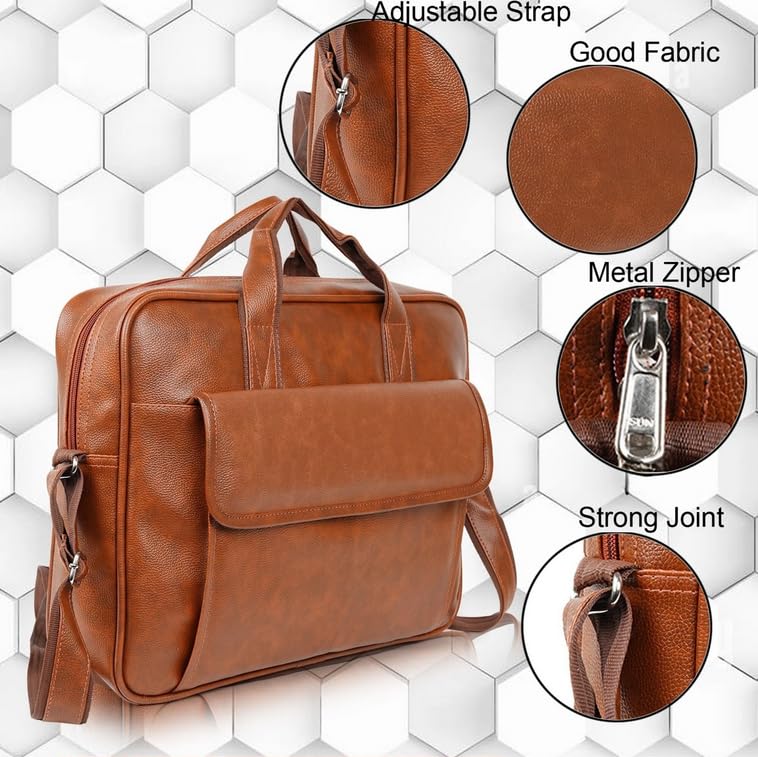 Image of PU Leather Laptop Briefcase Bag for Men, Adjustable Strap, Metal Zipper, Strong Joints