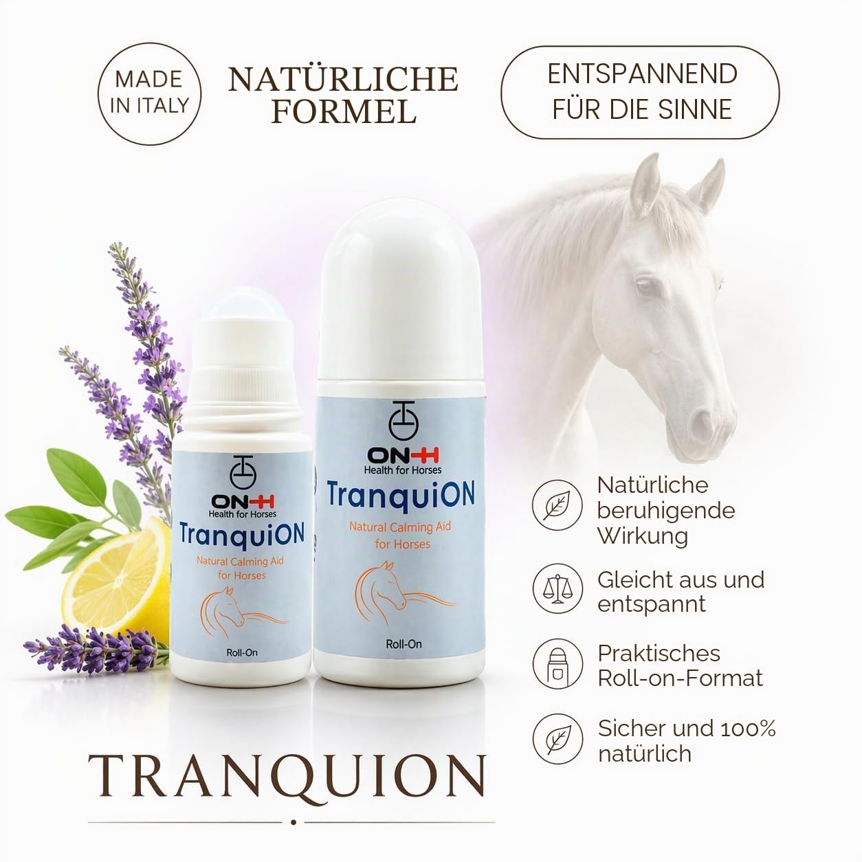 ON-H TranquiON Roll-On für Pferde | Natürliches Beruhigungsgel für Pferde | Punktuelle Anwendung | Ideal vor Transport, Turnier und Training | Beruhigend ohne Sedierung | Tägliche Anwendung