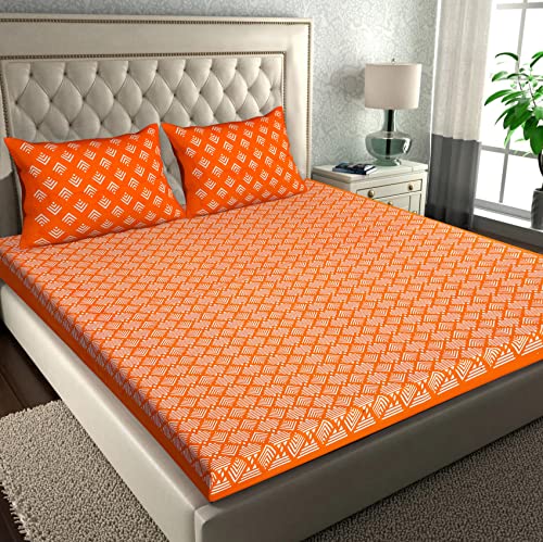 Image of RajasthaniKart Comfort Rajasthani Jaipuri Traditional Sanganeri Print 144 TC Cotton Double Size Bedsheet with 2 Pillow Covers (Double, Orange)