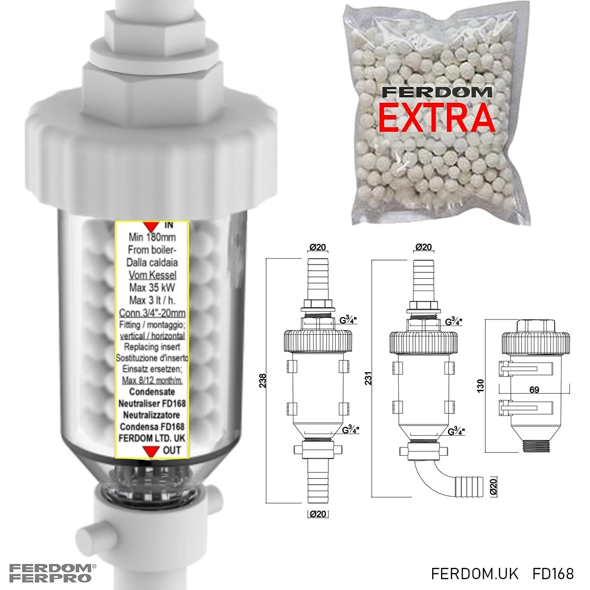 KIT SALVA CALDAIA FD333 Ferdom. 3+ In 1. Filtro Defangatore Magnetico Sottocaldaia + Dosatore Proporzionali Di Polifosfati -Anticalcare e Anticorrosione + Neutralizzatore Di Condensa Acida Di Caldaia