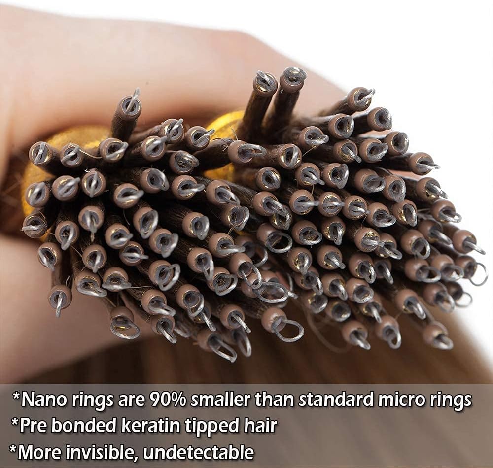 Nano Hair Extensions 18inch Nano Ring Hair 1g/s Pre Bonded 50g Nano Tip Bondings with Beads 100% Real Remy Human Hair #06 Light Brown With Nano Beads Cold Fusion 50 Strands - Image 3