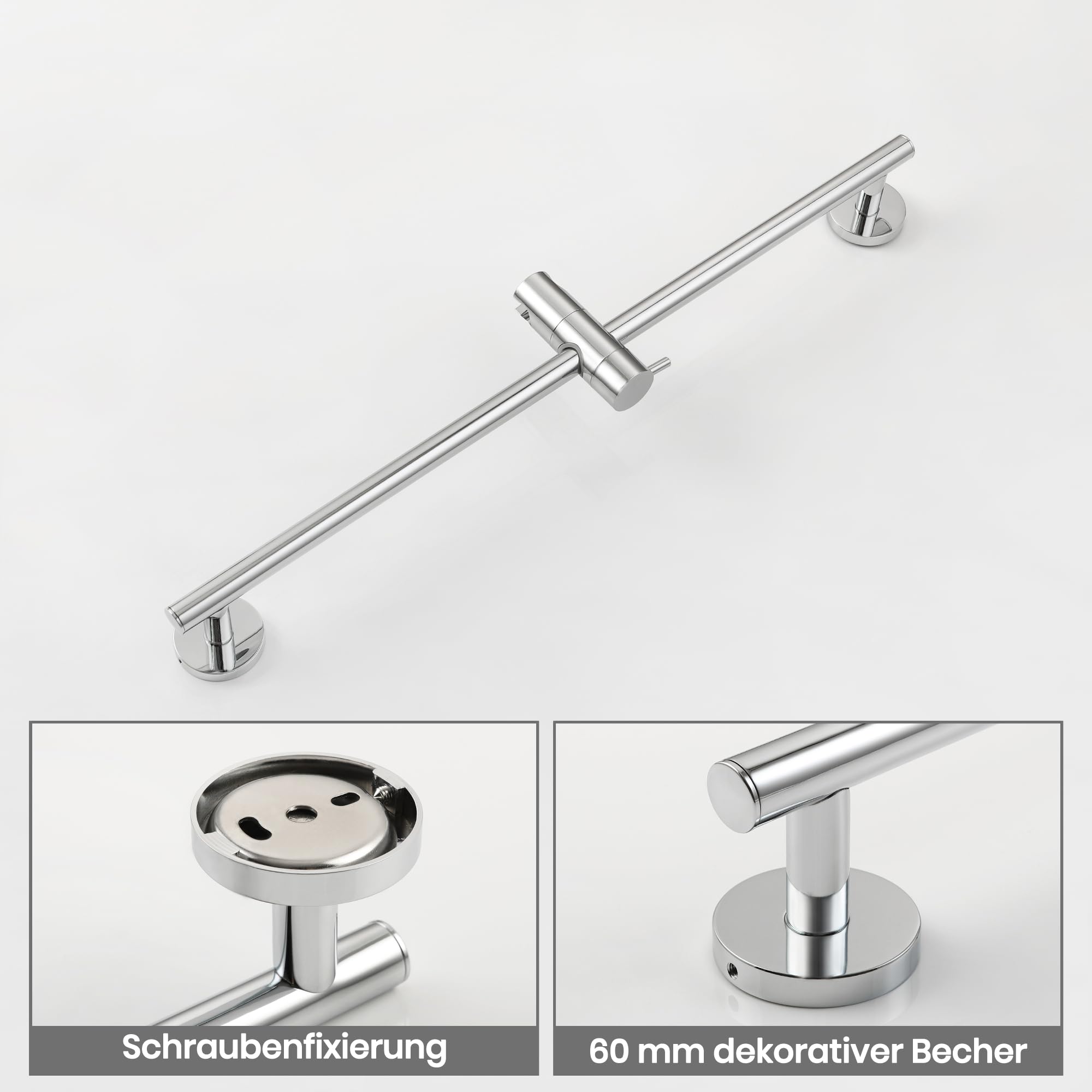 SKOWLL Barra para alcachofa de ducha para baño, 66 cm, montaje en pared, barra deslizante sin taladrar, con barra de ducha ajustable, cromo pulido