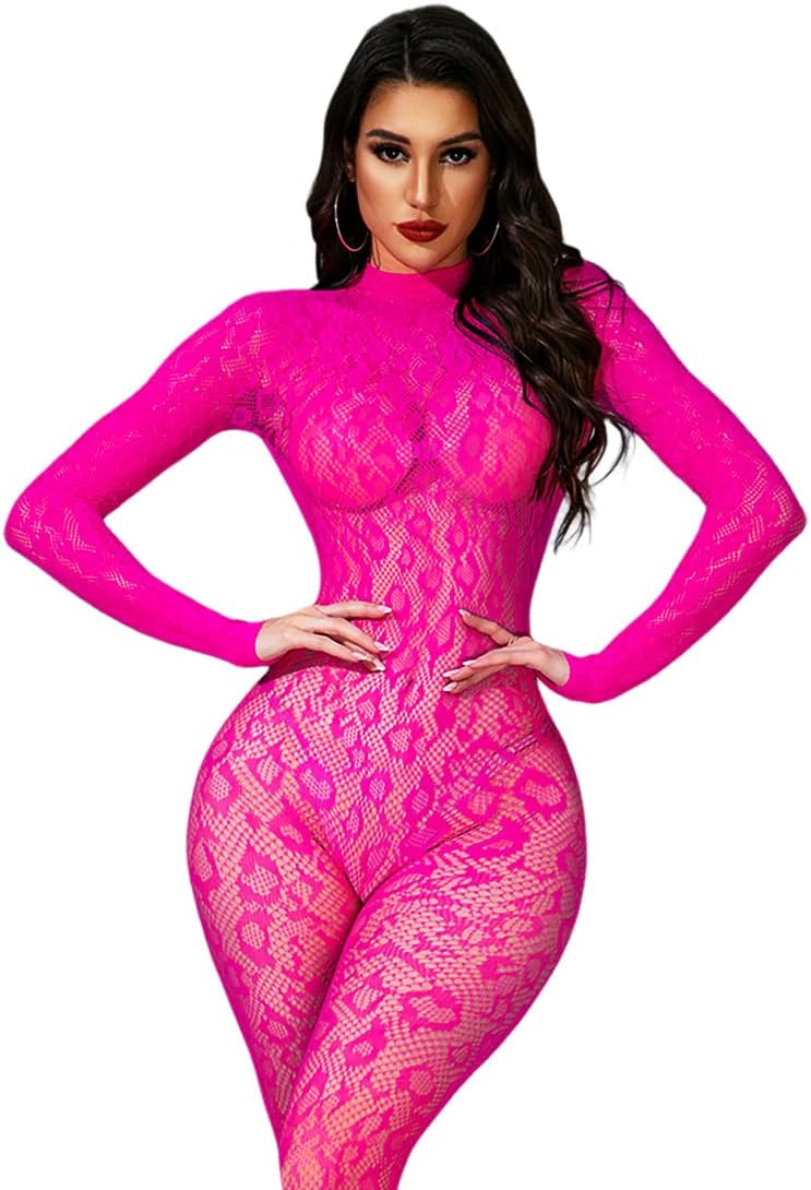 Women Sexy Fishnet Bodysuit, Lace Leopard Jumpsuit Full Body Stockings Mesh Lingerie, One Piece Party Festival Rave Outfits