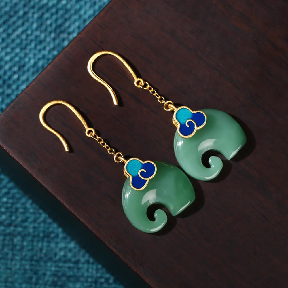 WBDWWTD Auspicious Clouds Elefantenförmige Emaille- und Hetian-Ohrhänger, exquisiter Vintage-Jade-Schmuck aus Sterlingsilber, Geschenke für Frauen