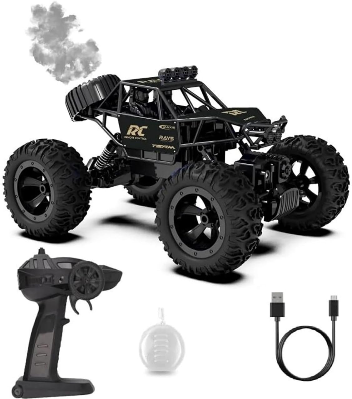 HS Enterprises Remote Control Monster Truck, 4WD Off-Road RC Rock Crawler, Red and Black, 1:16 Scale, with Smoke Mist Spray and LED Lights, Battery Powered, for Kids Aged 6 and Up-picture-10