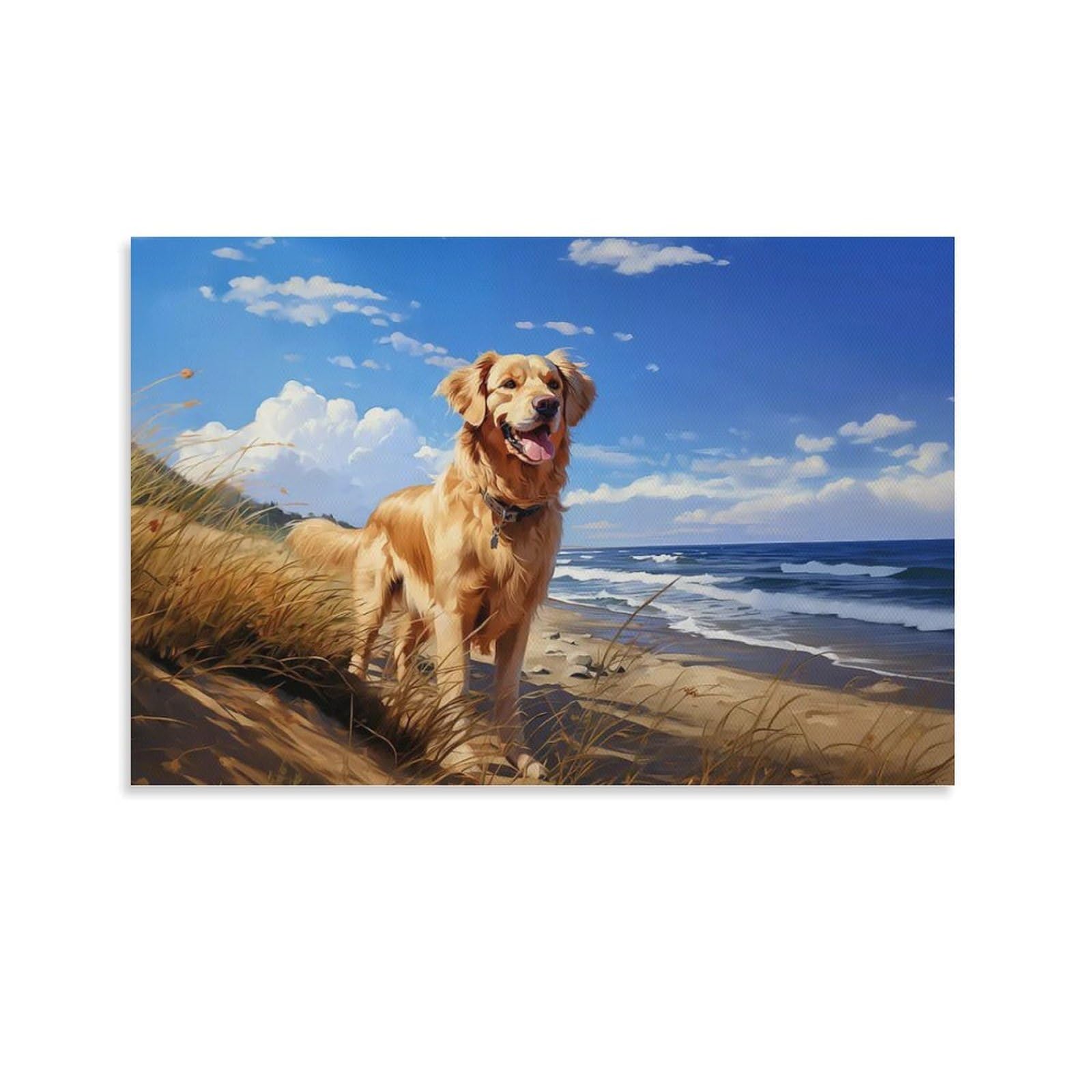 CPLVKWRQJ Dog Single Golden Retriever on Beach Canvas Art - Gift for Him/Her Kitchen Canvas Wall Decor Removable Ready to Hang 20x30inch(50x75cm)