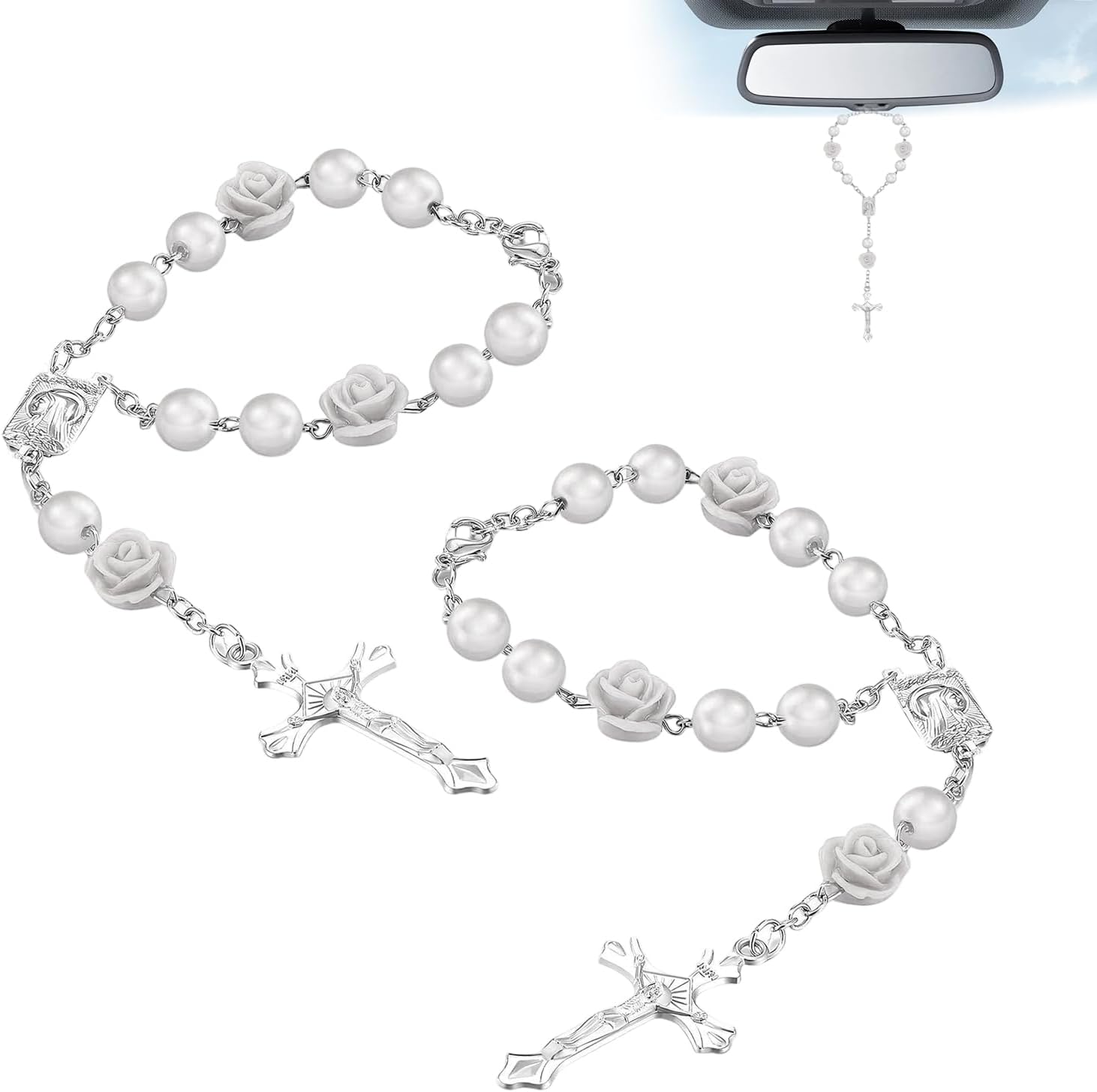 2PCS Car Rosary for Rearview Mirror, Rose Rosary Car Rear View Mirror Hanging Charm, Rose Cross Blessing Beads Decor, Personalized Auto Religious Pendant, Universal Auto Interior Decor(White)