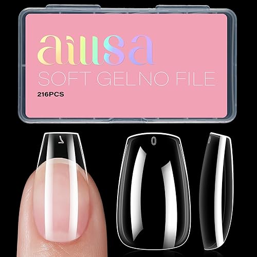 AILLSA Uñas cortas de ataúd transparentes de cobertura completa, puntas de uñas postizas de gel suave medio para extensiones de uñas postizas a AILLSA Uñas cortas de ataúd transparentes de cobertura completa, puntas de uñas postizas de gel suave medio para extensiones de uñas postizas a