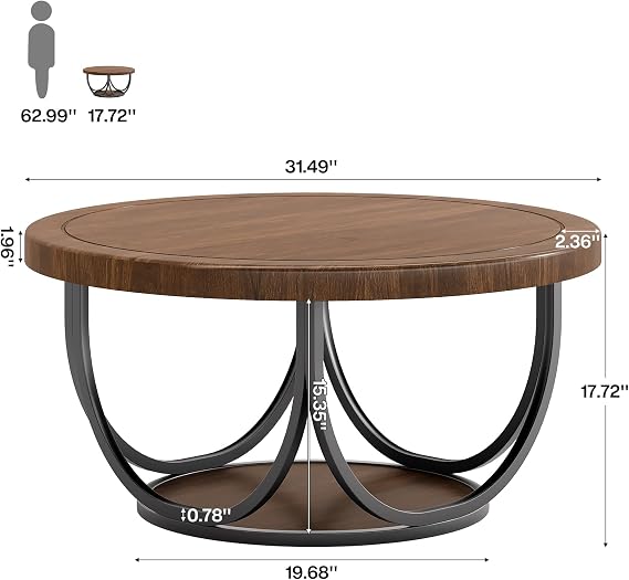 Tribesigns Round Coffee Table with 2 Tiers, 31.5 Wooden Circle Accent Cocktail Table with Storage Shelf and Metal Frame, Industrial Center Tables for Living Room, Brown & Black