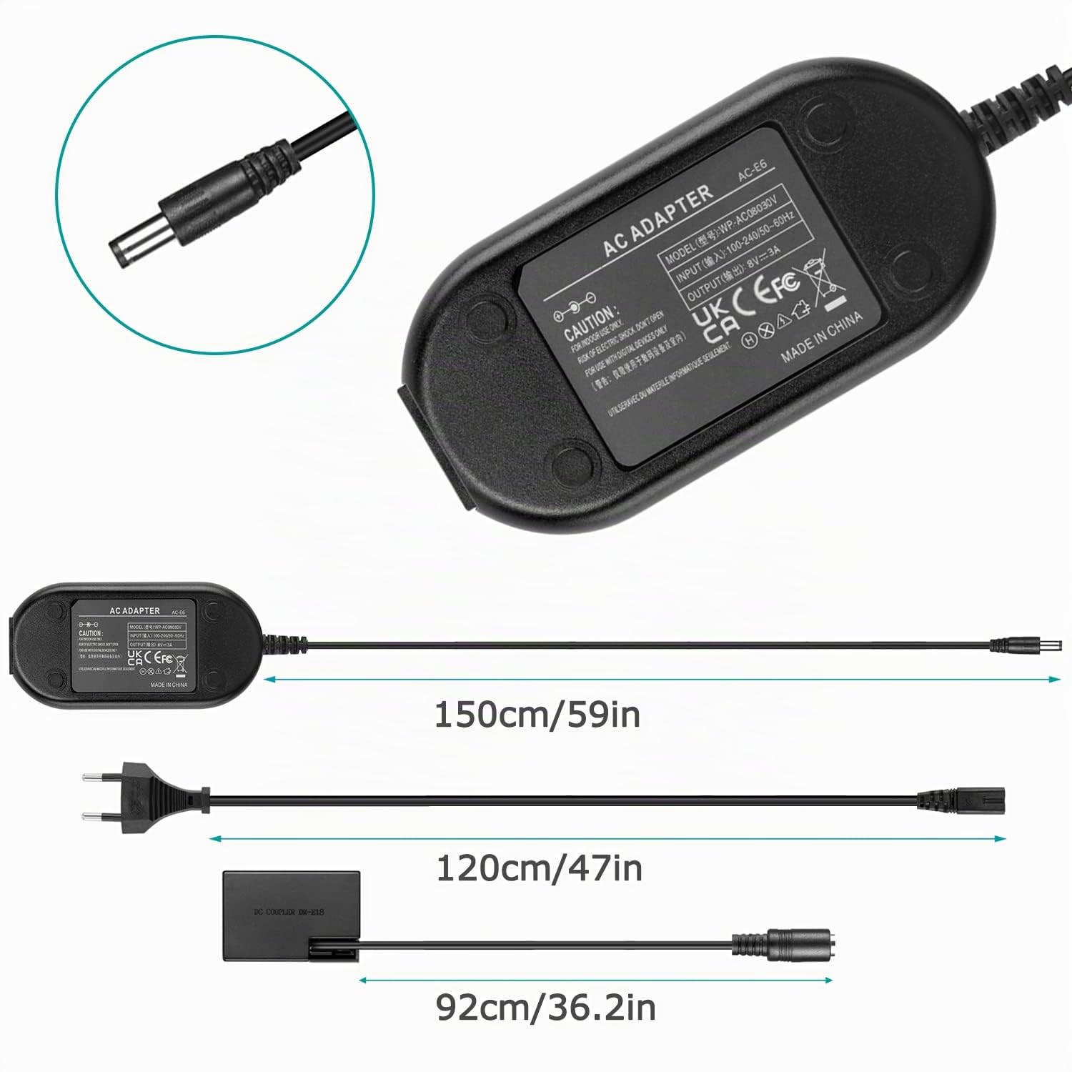 ACK-E18 AC Adaptateur DR-E18 Coupleur DC LP-E17 Batterie factice pour Canon EOS R10 EOS Reble T8i T7i T6i SL2 SL3 200D 200DII 250D 750D 760D 800D 850D 8000D 9000D Kiss X90000D Kiss