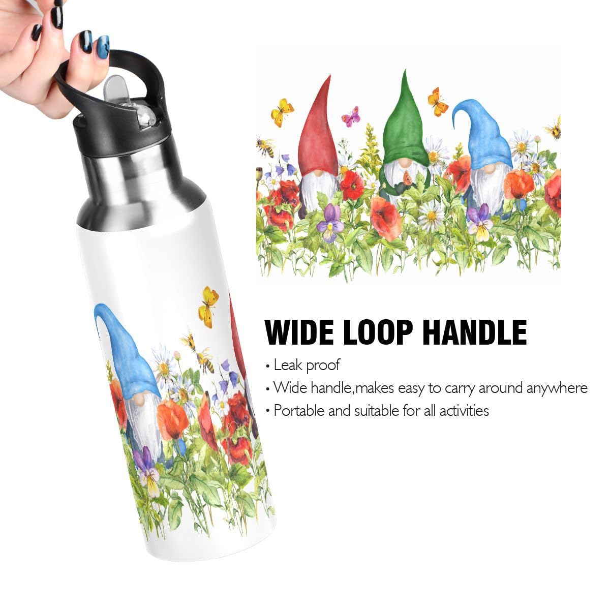 Vakuumisolierte Edelstahl-Wasserflasche 600 Ml – Mit Strohhalm, Motiv Roter Mohn, Auslaufsicher