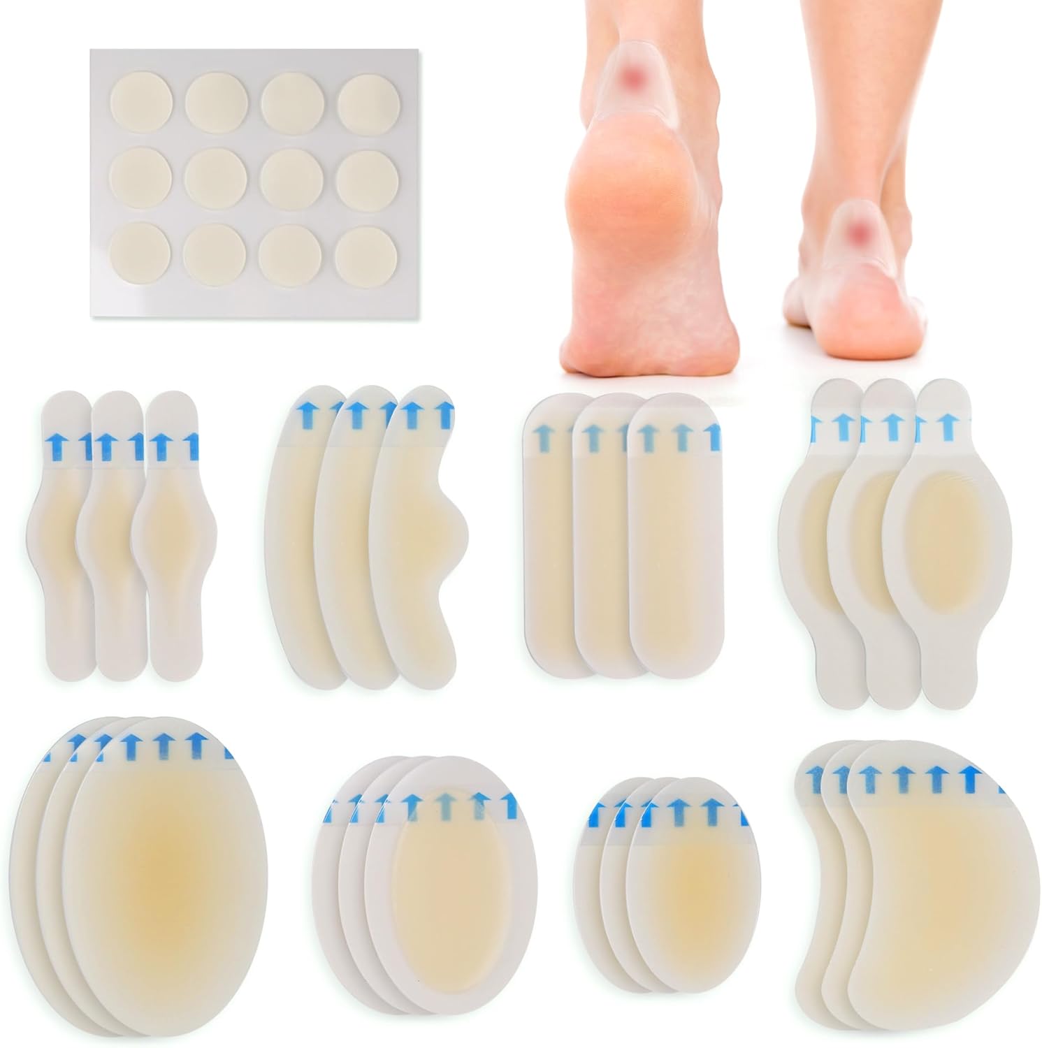 LotFancy Blister Bandages for Feet, 24 Blister Pads and 12 Acne Patches, 8 Size Hydrocolloid Bandage, Waterproof Seal Gel Blister Cushion Variety Pack for Toes Protection, Heel Blister Prevention