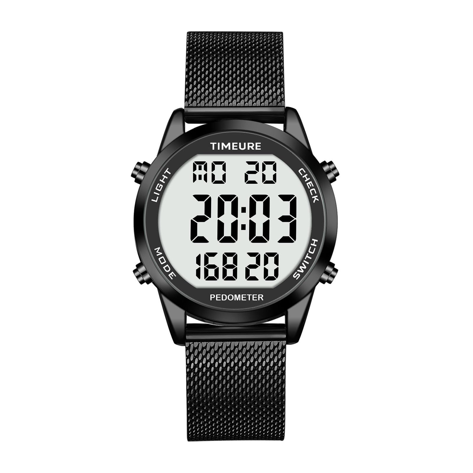 TIMEURE Men's Pedometer Watch with Stainless Steel Bracelet, Step Counter Watch, No App, No Charging Needed for Outdoor Walking, Calorie, Distance, Alarm, Countdown Timer TU-2306B