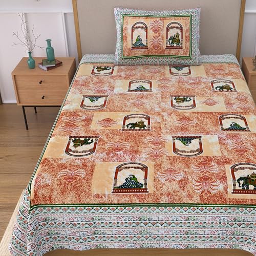 Image of EasyGoods India 00% Cotton Single Bedsheet with 1 Pillow Cover | 240 TC Pure Cotton Flat Bed Sheet | Traditional Jaipuri Printed Bedding Set | Soft & Breathable | 60 x 90 Inch (Terracotta & Beige)