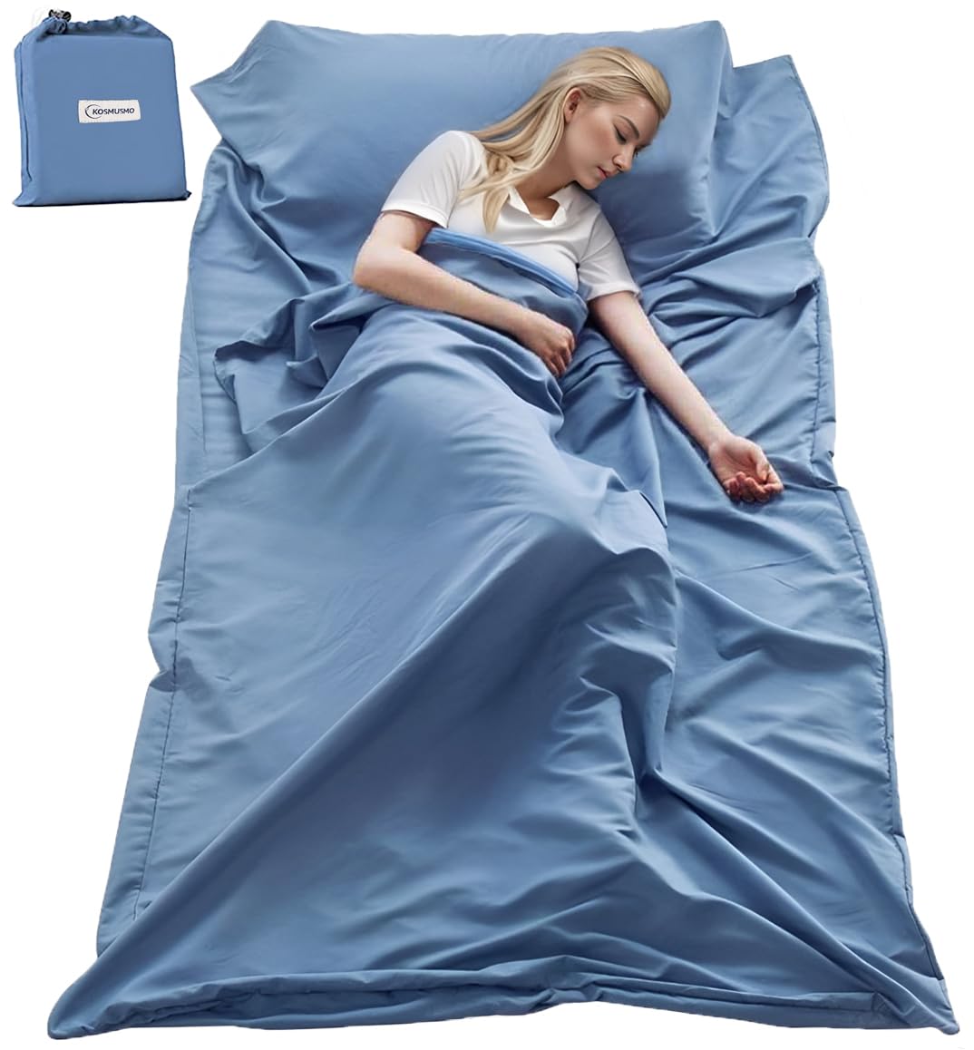 KOSMUSMO Sleeping Bag Liner, Ultralight Travel Sheet with Zipper and Compact Carry Bag, Portable Sleeping Camping Sheet, Soft Sleeping Bag Sack for Hotel, Hiking, Tenting, Camping