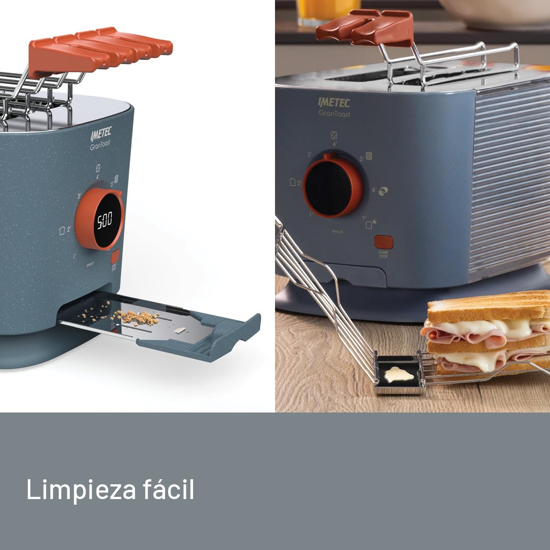 Imetec Grantoast, Tostadora XL de 2 rebanadas con pinzas deslizantes para tostadas rellenas, 7 niveles de dorado, fácil limpieza, pantalla LED, plancha para calentar, temporizador digital