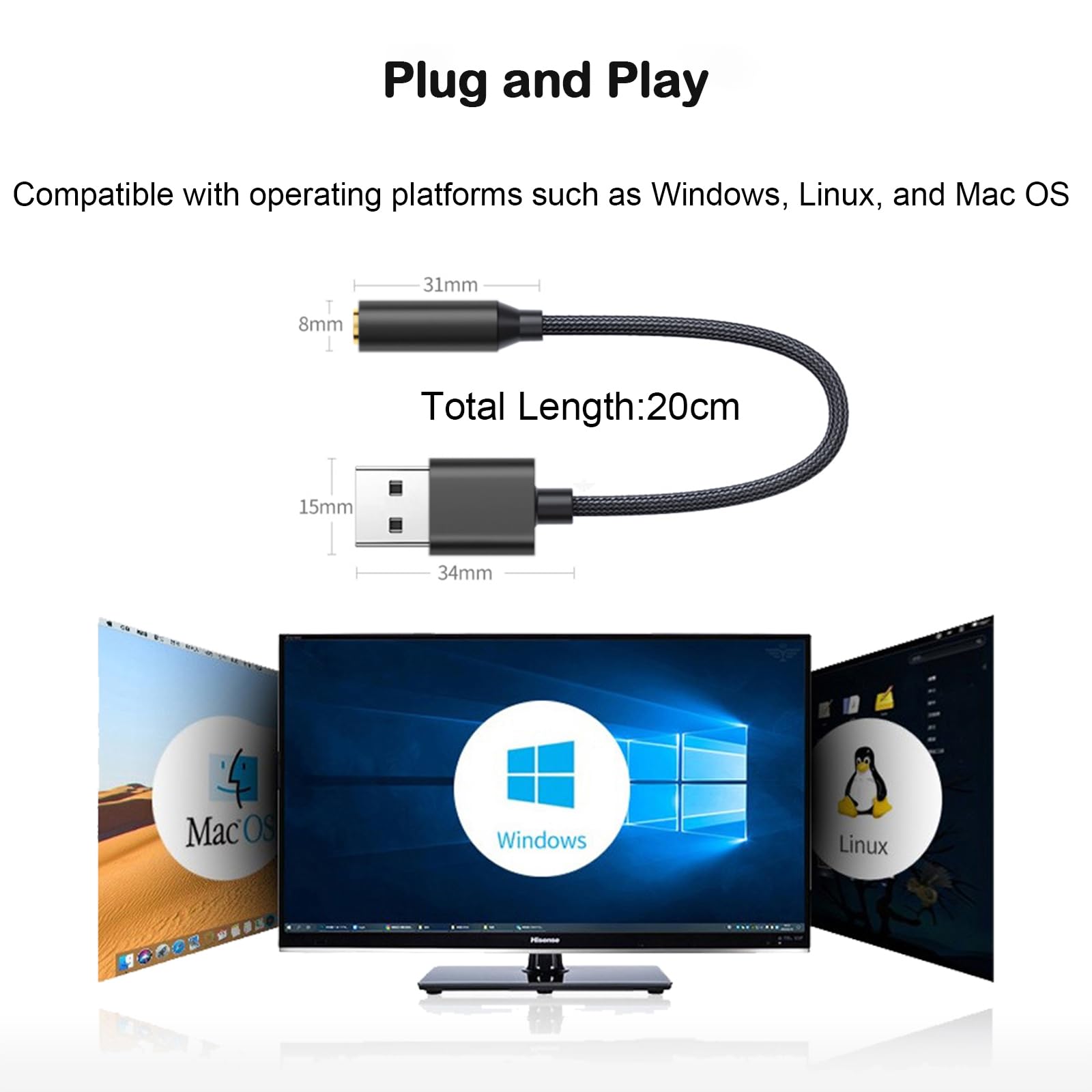 Adapter audio USB na jack 3,5 mm, zewnętrzna karta dźwiękowa USB, złącze TRRS, kompatybilne z słuchawkami, komputerem, laptopem, komputerem stacjonarnym, PS4