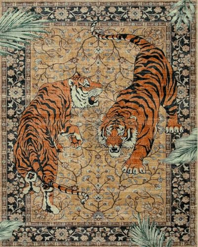 Tapis tigre rétro lavable pour salon et table basse antidérapant