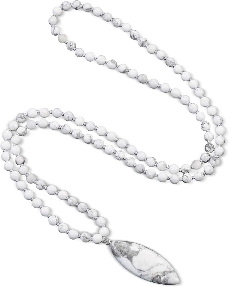 COAI Collar Mala 108 Cuentas de Piedras Naturales Anudadas a Mano con Colgante de Hoja Unisex