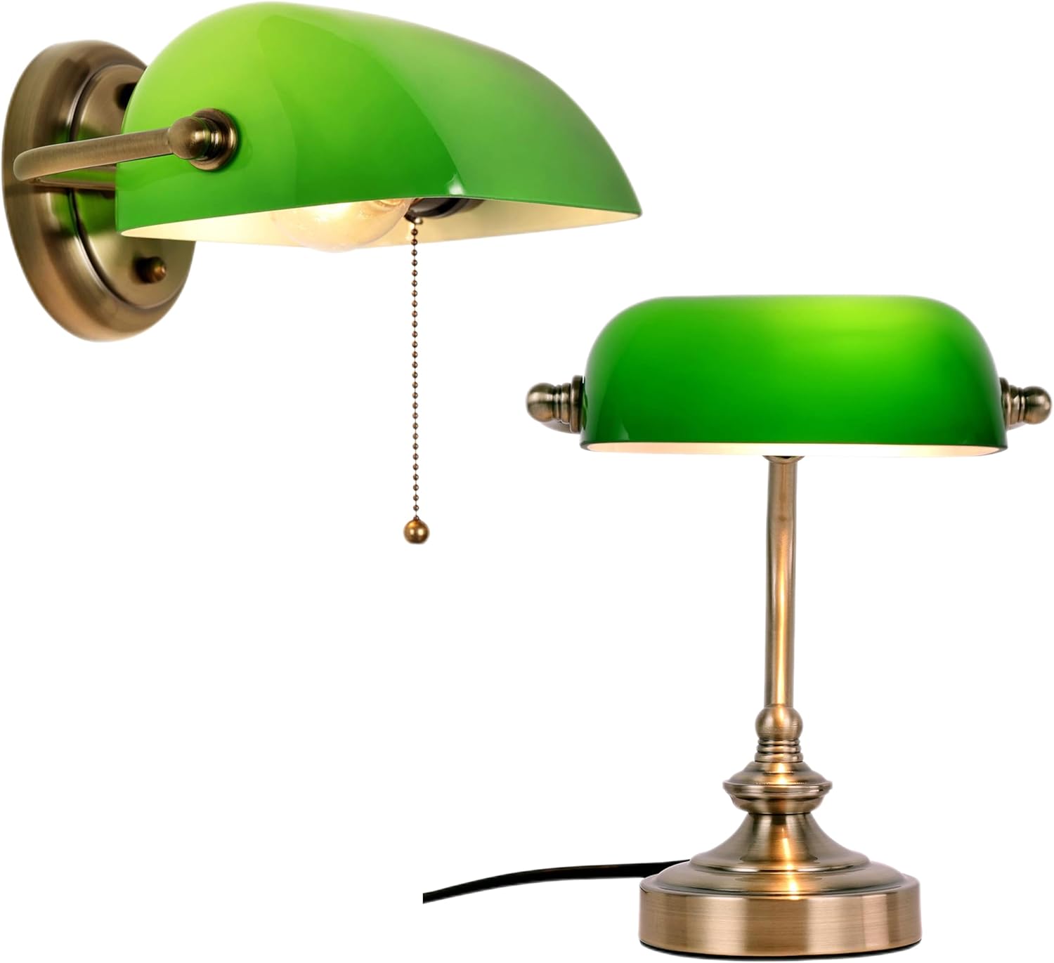 Glass Bankers Lamp Desk Lamp,Classic Retro Bronze Finish G9 Base Plug in Vintage Table lamp,Bundle with Vintage Wall Sconces,Indoor sconces Wall Lighting with Retro Pull Chain Switch for Home Office,B