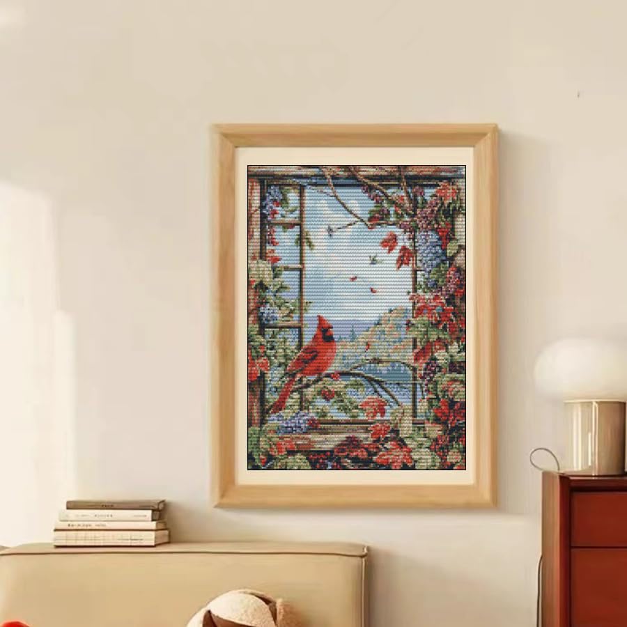 Image of Red Cardinal Bird Perched on Window DIY 11CT Stamped Cross Stitch Kits for Beginners Easy Needlepoint Embroidery Counted Cross Stitch Art Craft for Wall Decoration 16x20inch(2)