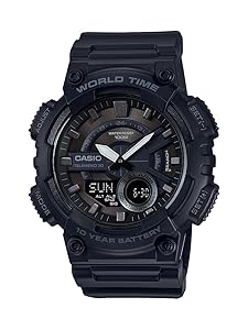 Casio AEQ110BW Series | Mens Analog-Digital Watch |100M WR | Multi Alarms | 100 SEC Stopwatch | Countdown Timer | World Map for World Time | LED Light | LC Display | 10 Year Battery