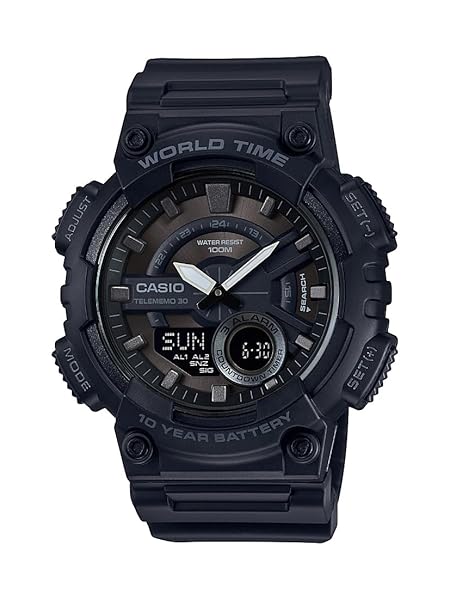 Casio AEQ110BW Series | Mens Analog-Digital Watch |100M WR | Multi Alarms | 100 SEC Stopwatch | Countdown Timer | World Map for World Time | LED Light | LC Display | 10 Year Battery