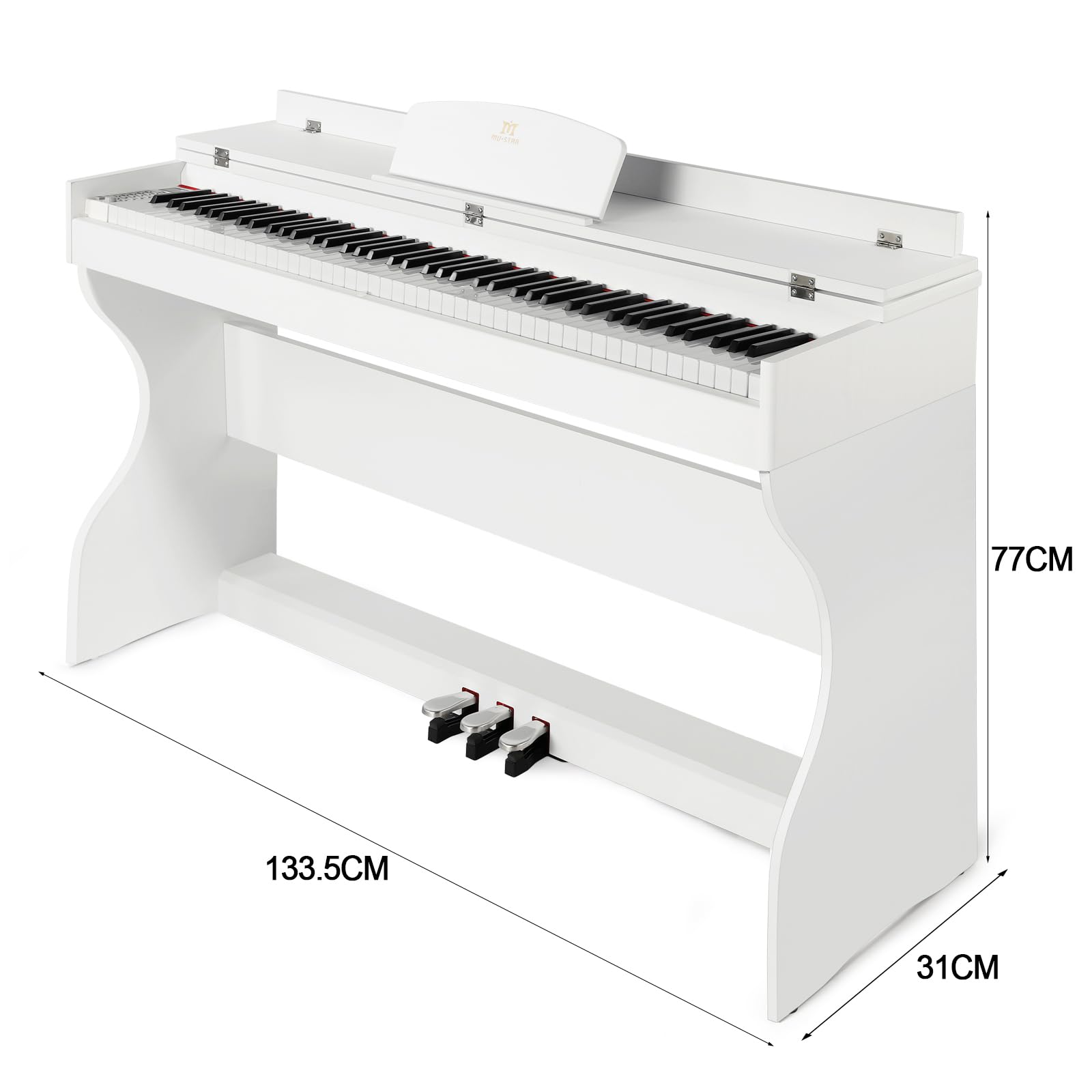 MUSTAR Digital Piano 88 Tasten, E Piano weiß, Elektrisches Klavier mit Klavierständer, 3 Pedale Adapter, 2 Kopfhöreranschluss, LCD-Bildschirm, USB/MIDI, Piano für Anfänger