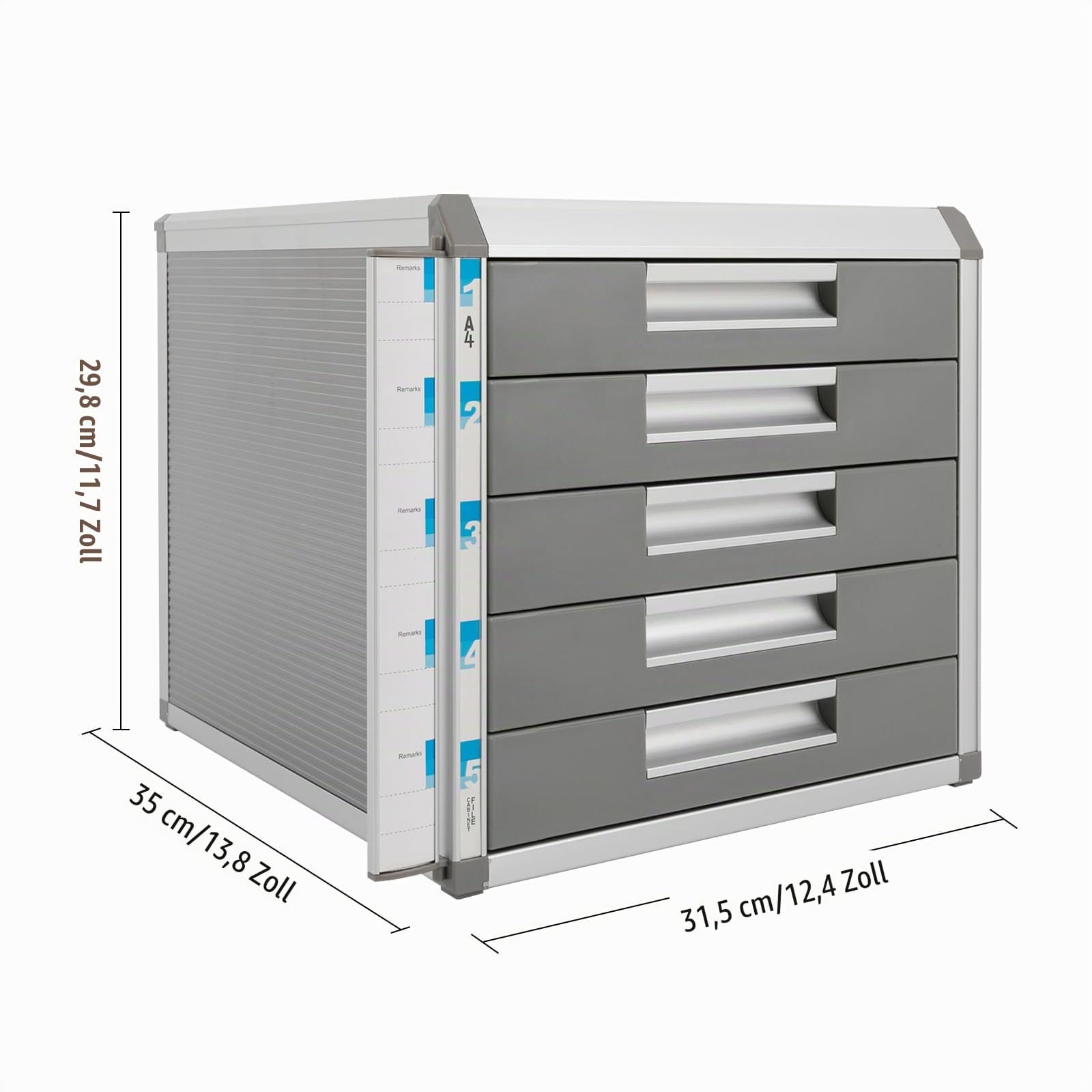 Schubladenbox A4, 5 Fächer Aktenschrank Abschließbar Büro Organizer aus Metall für Dokumente, 31,5x35cm, 380 Blatt pro Schublade, Ablagefächer Stapelbar mit Schlüssel und Etiketten