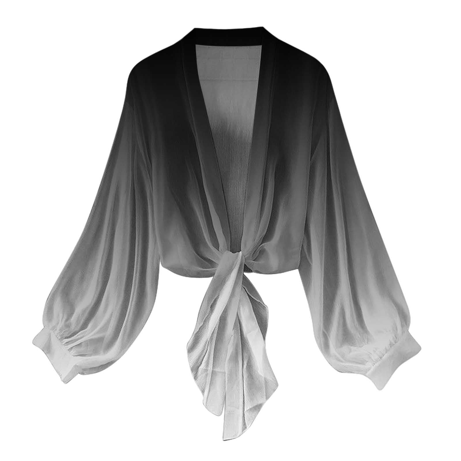 Women Tie Front Bathing Suit Cove Up Chiffon Kimono Crop Top Swimsuit Cardigans Long Sleeve Beach Blouses