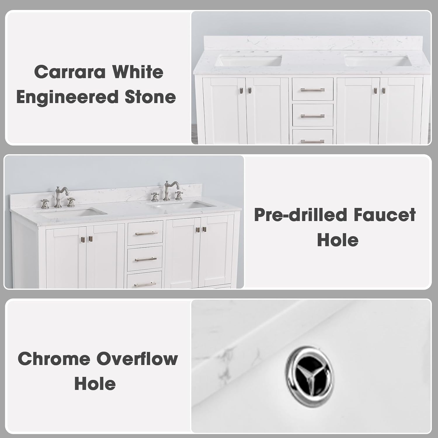 Dornberg 60 in. Bathroom Vanity, Free Standing Bathroom Vanity with Double Sinks, Wood Bath Cabinet with Carrara White Engineered Stone Countertop, 2 Doors & 9 Drawers, Full Assembled, Soft White
