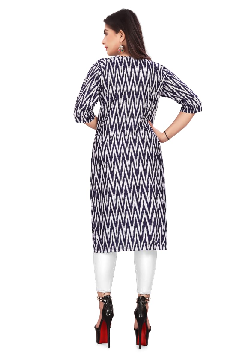 Patlani Women's Cotton Blend Printed Straight Kurta Blue-Zigzeg-S