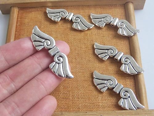 Ochoos - 10 cuentas espaciadoras de alas de ángel de hadas de plata antigua para joyería de 1.693 x 0.551 in