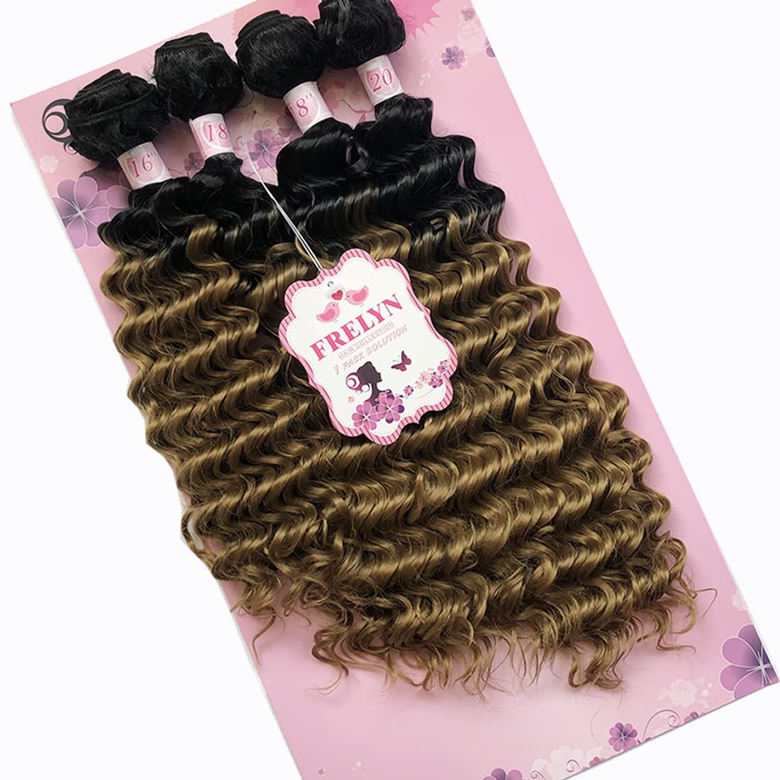 FRELYN Deep Wave Bundles Synthetic Curly Hair Quick Weave Hair Sew in Hair Extensions Two Tone Ombre Black Fade to Honey Blonde 16 18 18 20 Inches 4 Bundles in 1 Pack