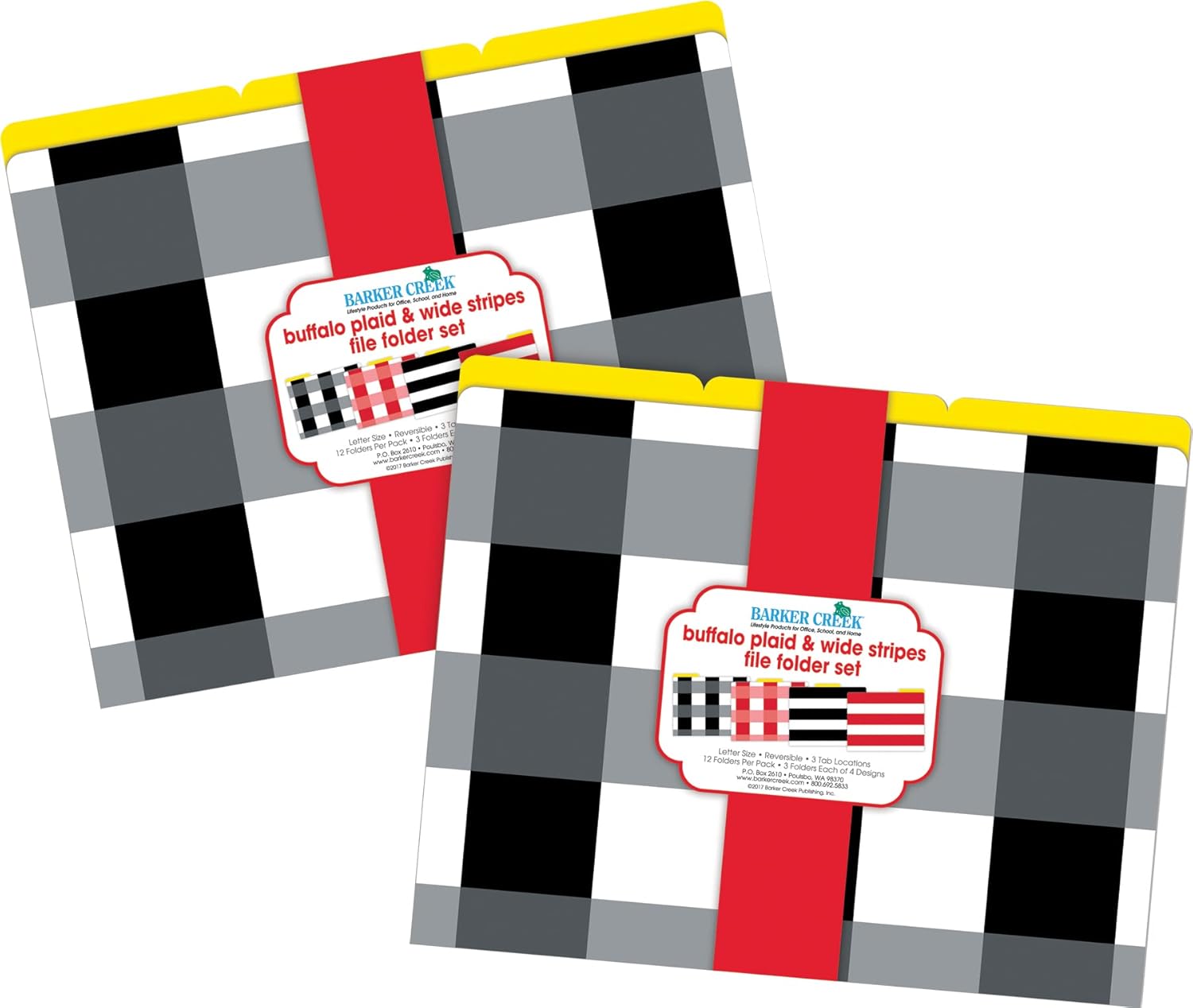 Barker Creek Designer File Folders Set of 24, Buffalo Plaid & Wide Stripes, Multi-Design Set with Plaids, Stripes on Outside, Yellow on Inside, Letter-Size, 1/3 Cut Tabs, 24 Folders in Set (3962)