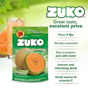 Zuko Instant Beverage Drink Mix, Flavor Cantaloupe Powdered Family Pack, No Added Sugar Needed, 14.1 oz of 6)