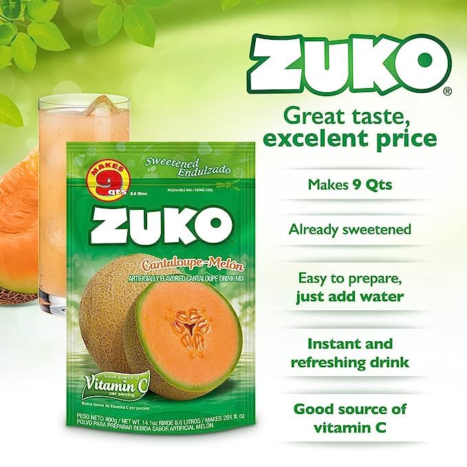 Zuko Cantaloupe Powdered Drink Mix Family Pack, No Added Sugar Needed, 14.1 oz (Pack of 6)